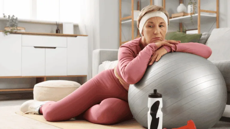 Woman in activewear resting against an exercise ball after a workout
