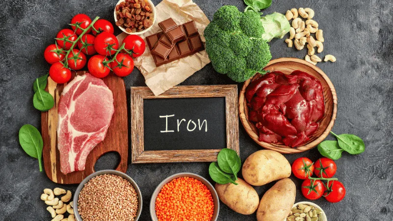 Iron-rich foods including red meat, broccoli, nuts and dark chocolate around an Iron sign